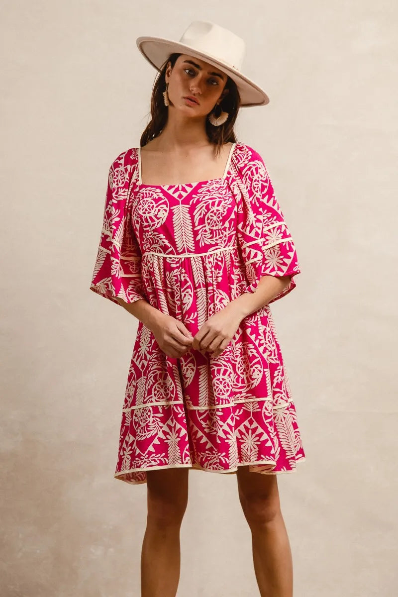 BiBi Fuchsia Aztec Woven Printed Contrast Binding Dress