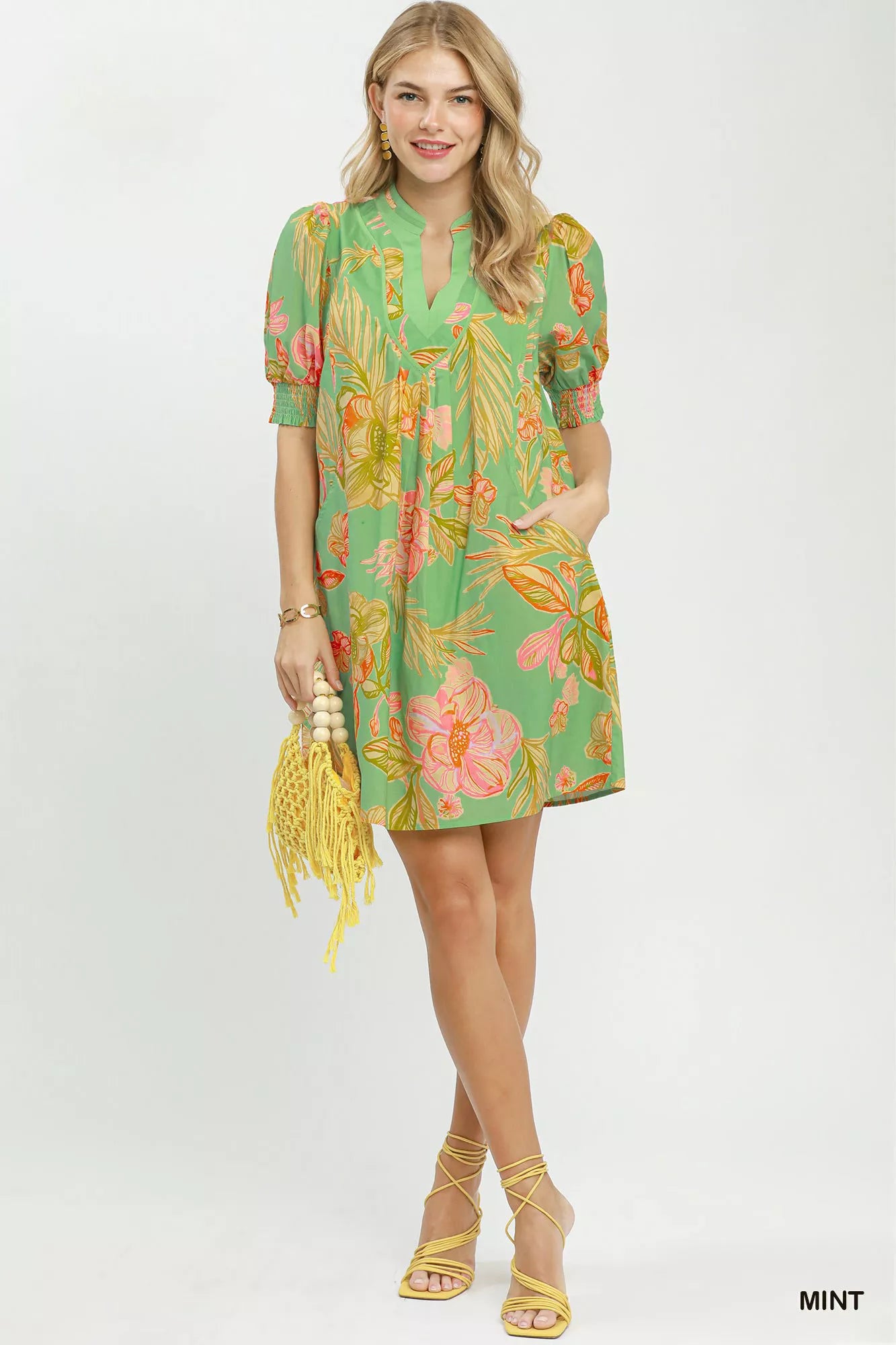 Umgee Mint Botanical Print Dress with Smocked Cuffs
