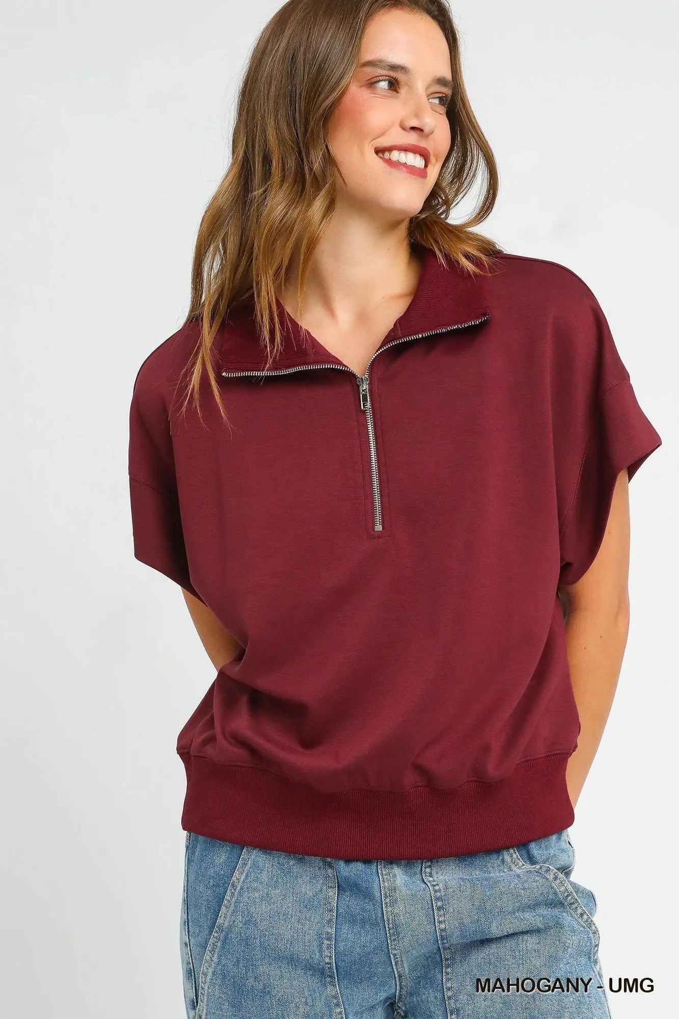 Umgee Mahogany Half-Zip Short Sleeve Top MAHOGANY
