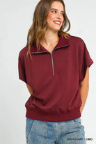 Umgee Mahogany Half-Zip Short Sleeve Top MAHOGANY