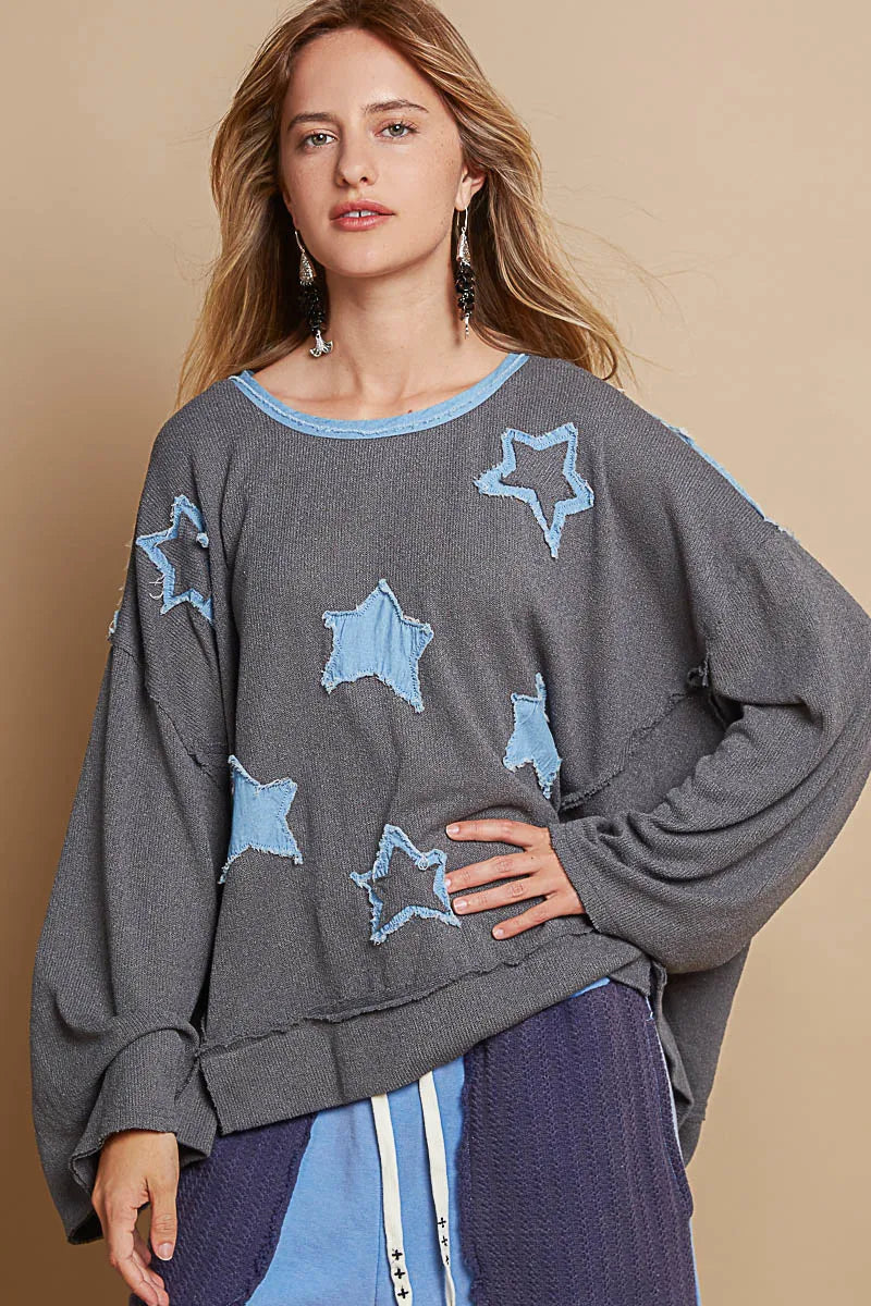 POL Charcoal Exposed Seam Relaxed Fit Sweater with Star Denim Patches