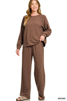 Zenana Brown Slub Long Sleeve Top and Pants Lounge Set