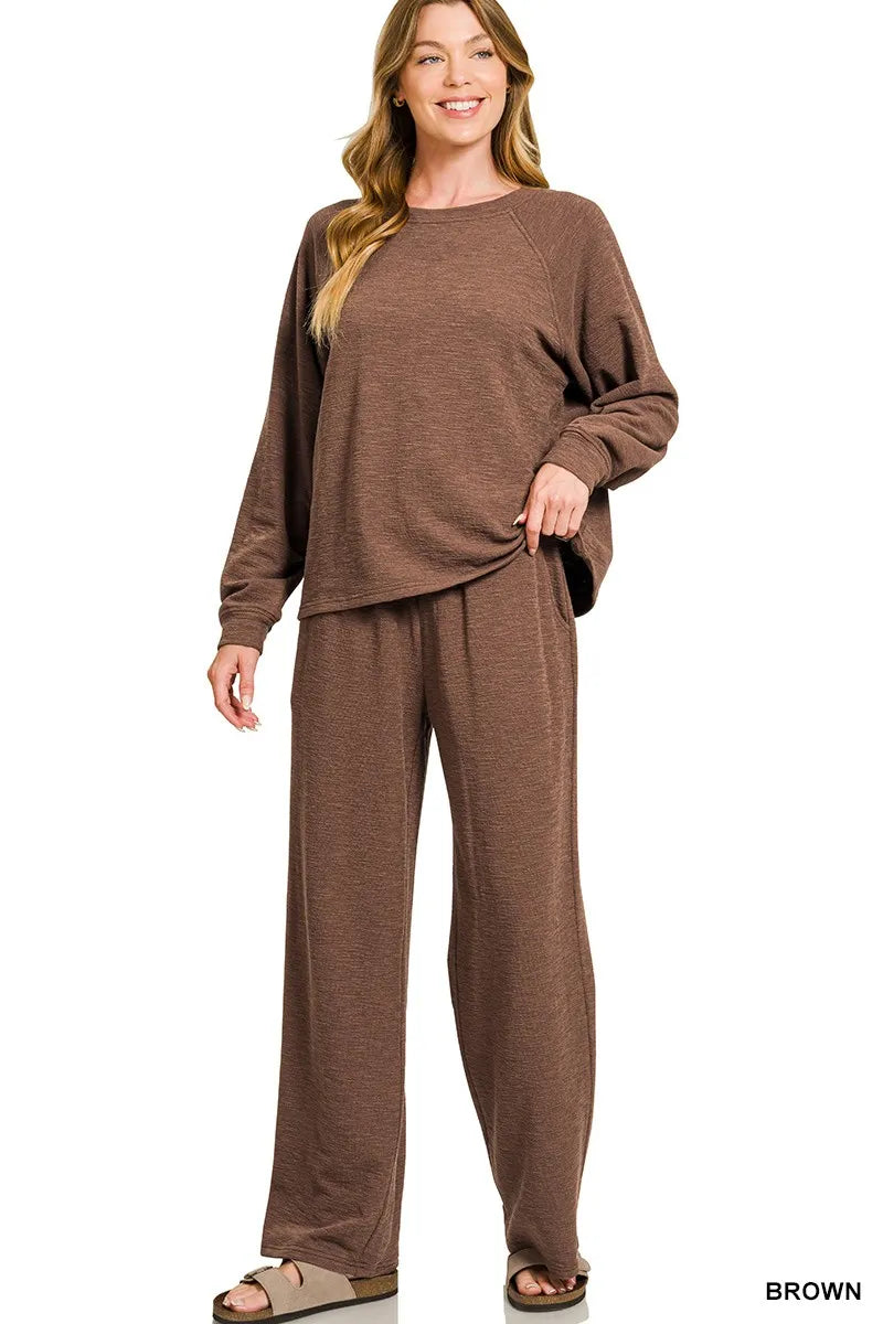 Zenana Brown Slub Long Sleeve Top and Pants Lounge Set