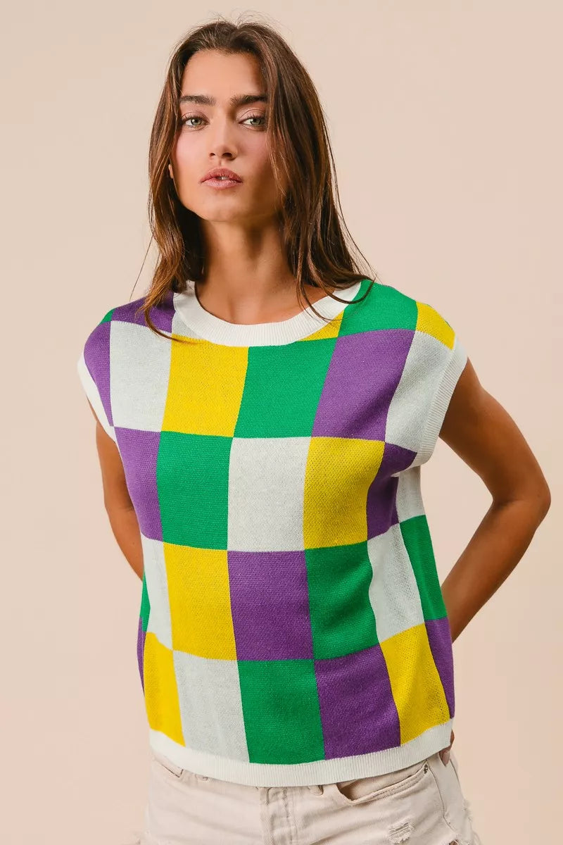 BiBi Mardi Gras Checker Pattern Sleeveless Sweater Top