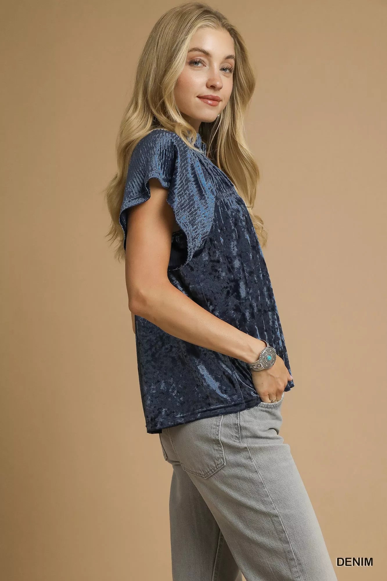 Umgee Denim Crushed Velvet Pleated Blouse