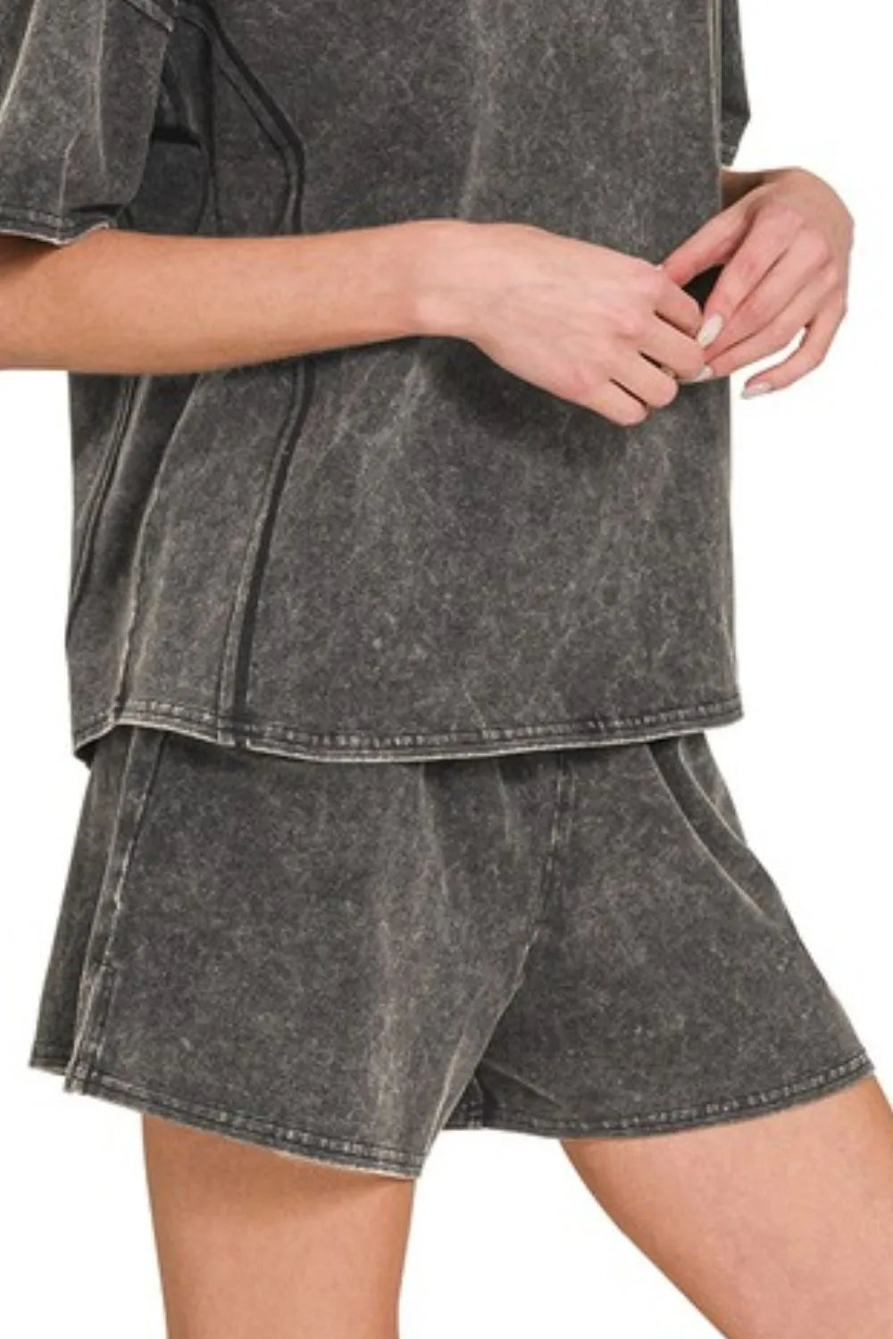 Zenana Ash Black Acid Washed Short Sleeve Tee & Shorts Set