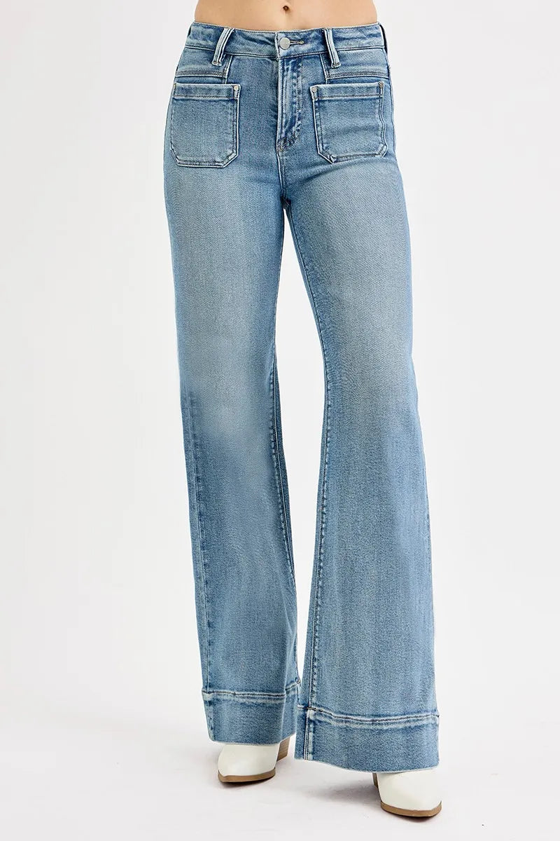 RISEN Medium Washed High Rise Wide Flare Patch Pocket Jeans