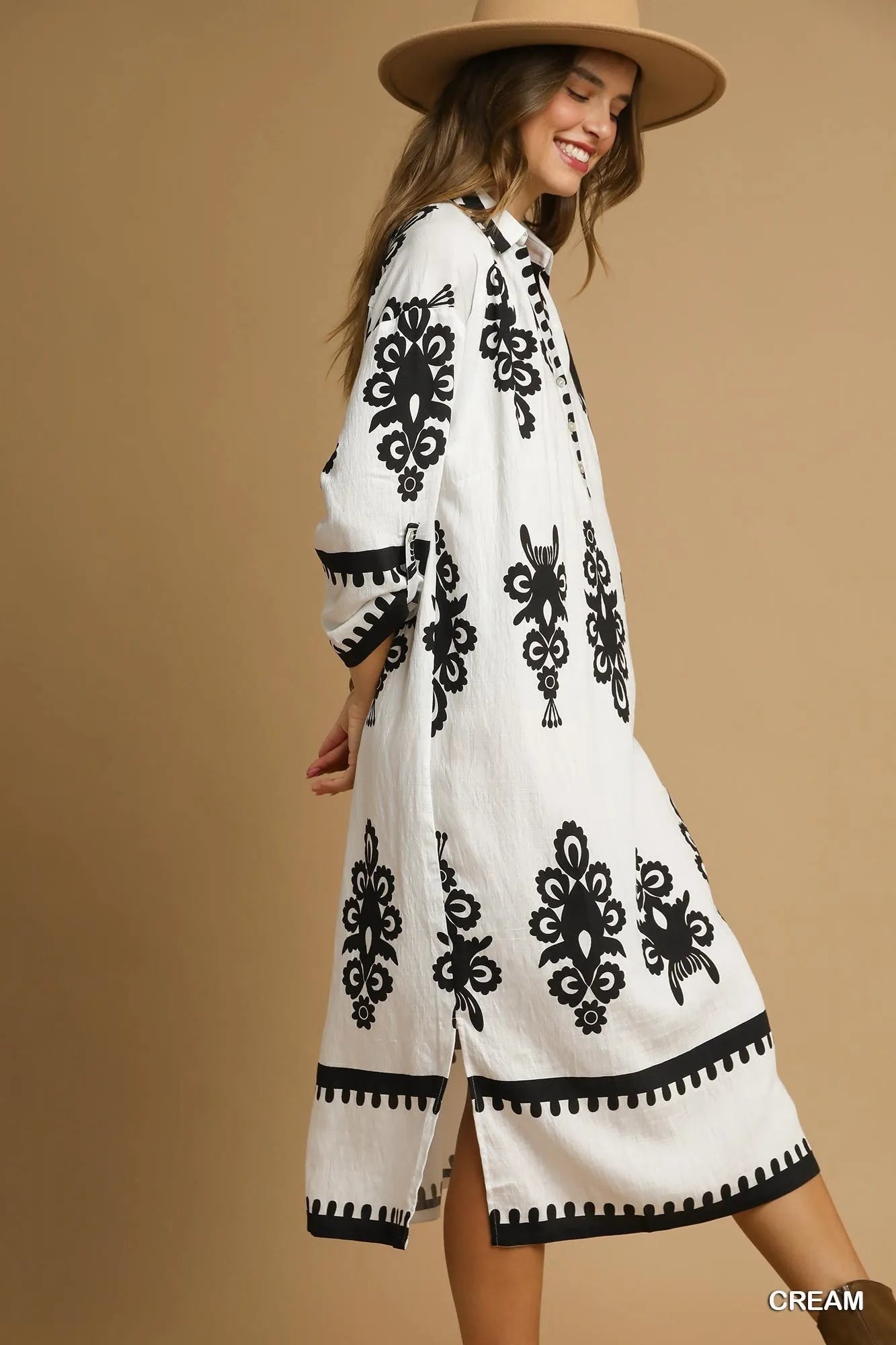 Umgee Cream Abstract Print Midi Dress