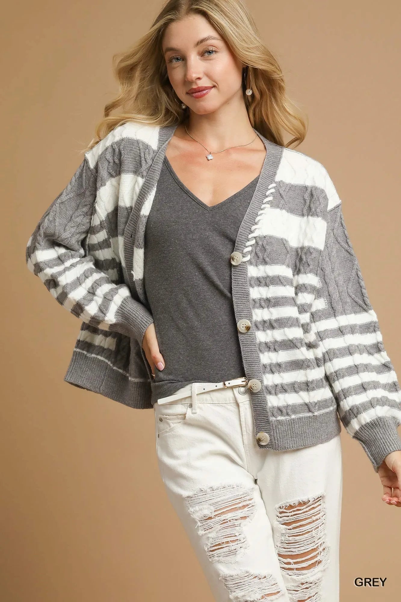 Umgee Grey Cable-Knit Stripe Button-Up Cardigan GREY