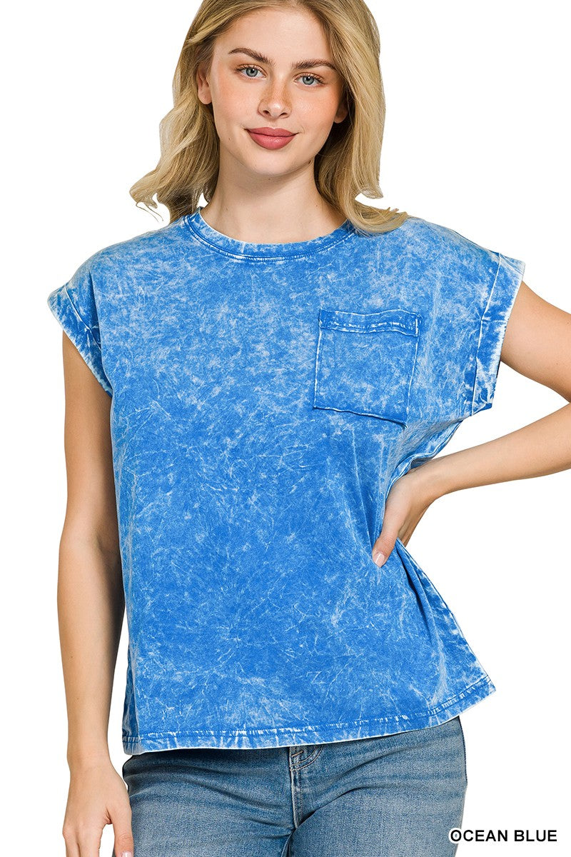 Zenana Ocean Blue Crinkle Washed Round Neck Folded Short Sleeve Tee OCEAN BLUE
