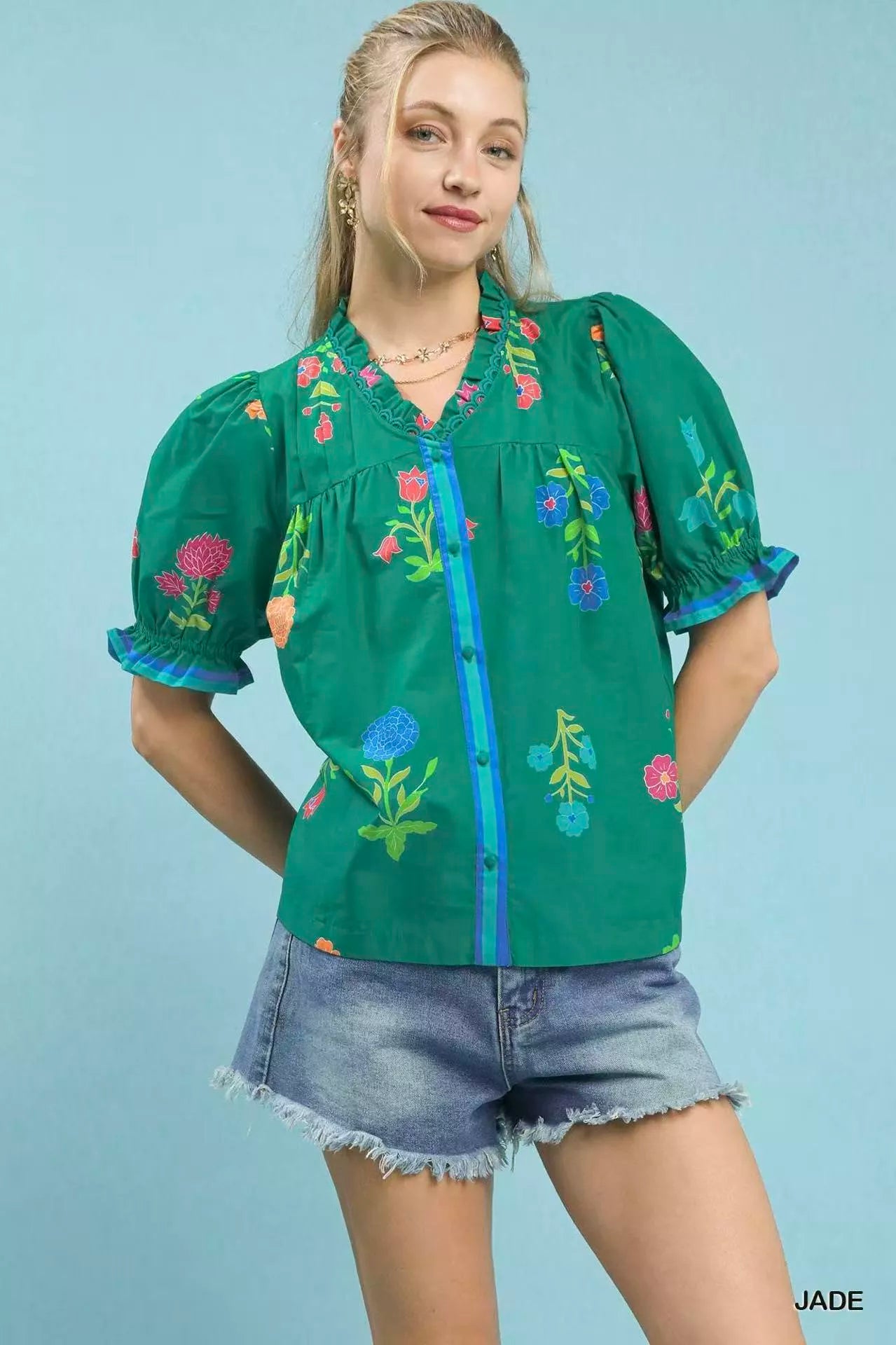 Umgee Jade Petal Parade Print Button-Down Blouse JADE