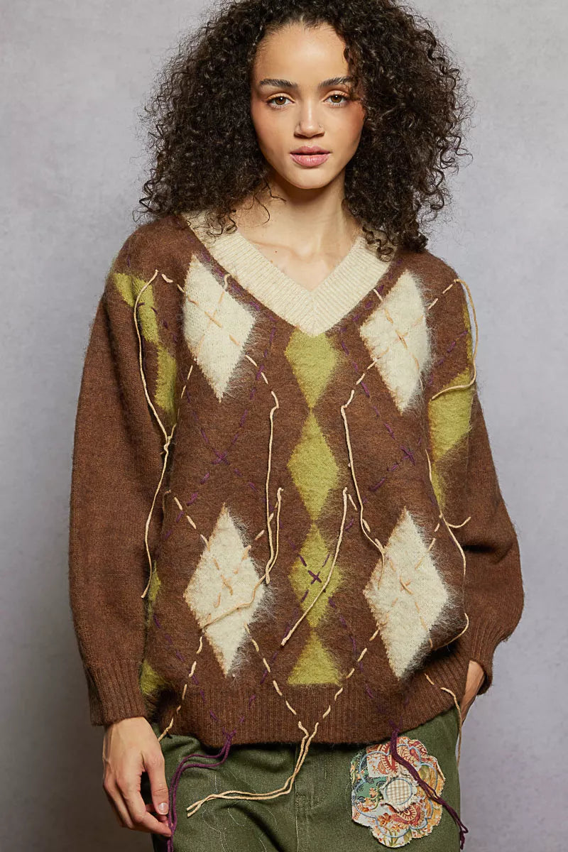 POL V-Neck Argyle Pattern Mohair Sweater with Contrast Exposed Stitch Detail MOCHA