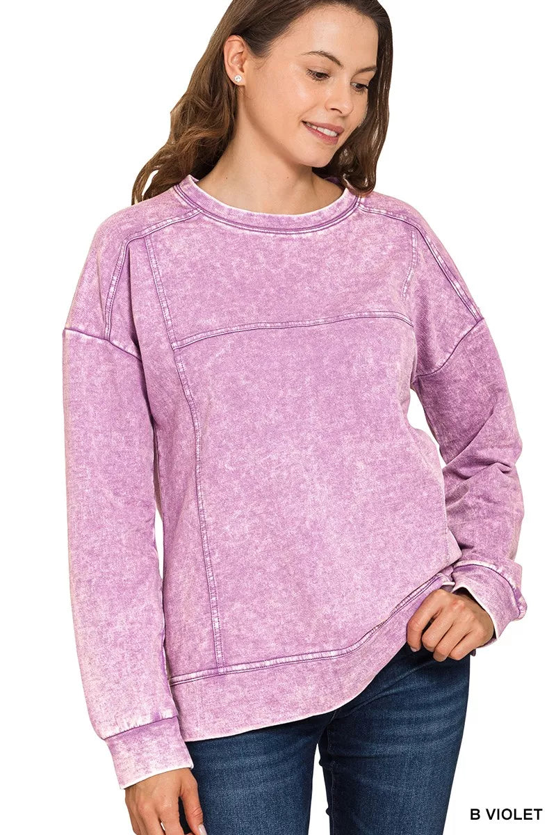 Zenana Acid Wash French Terry Exposed-Seam Pullover B VIOLET