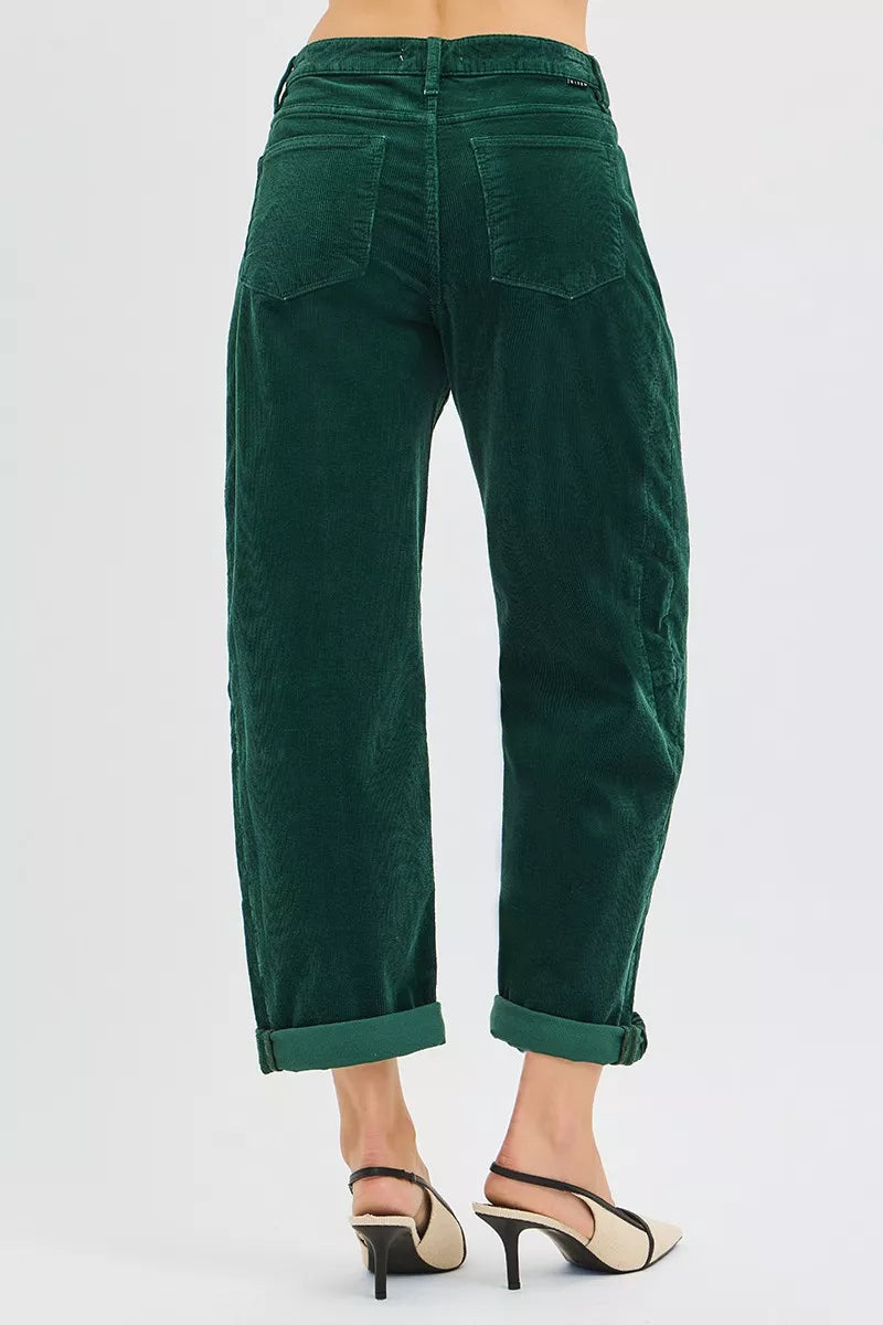 RISEN Hunter Green High Rise Crop Barrel Cordurory Pants