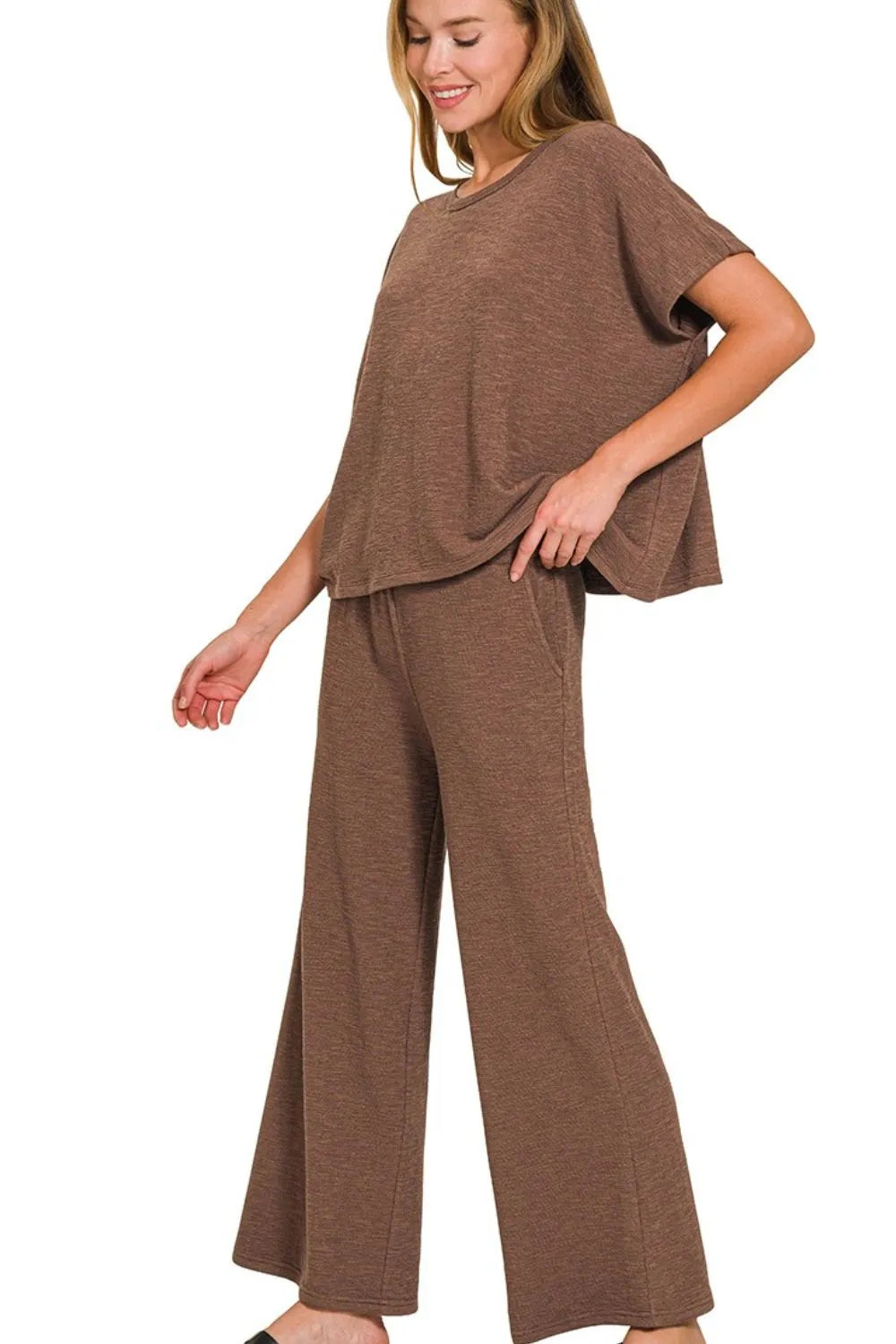 Zenana Brown Cotton Slub Top & Pants Set