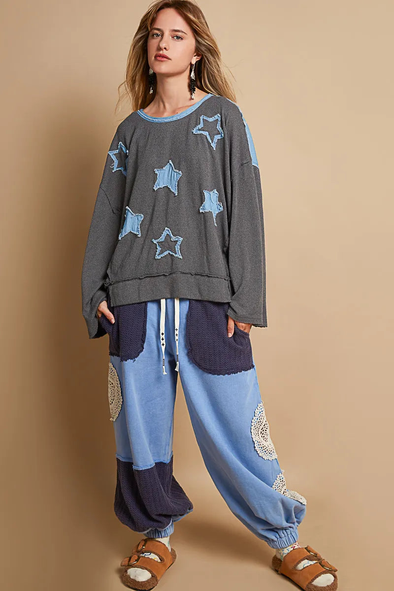 POL Charcoal Exposed Seam Relaxed Fit Sweater with Star Denim Patches