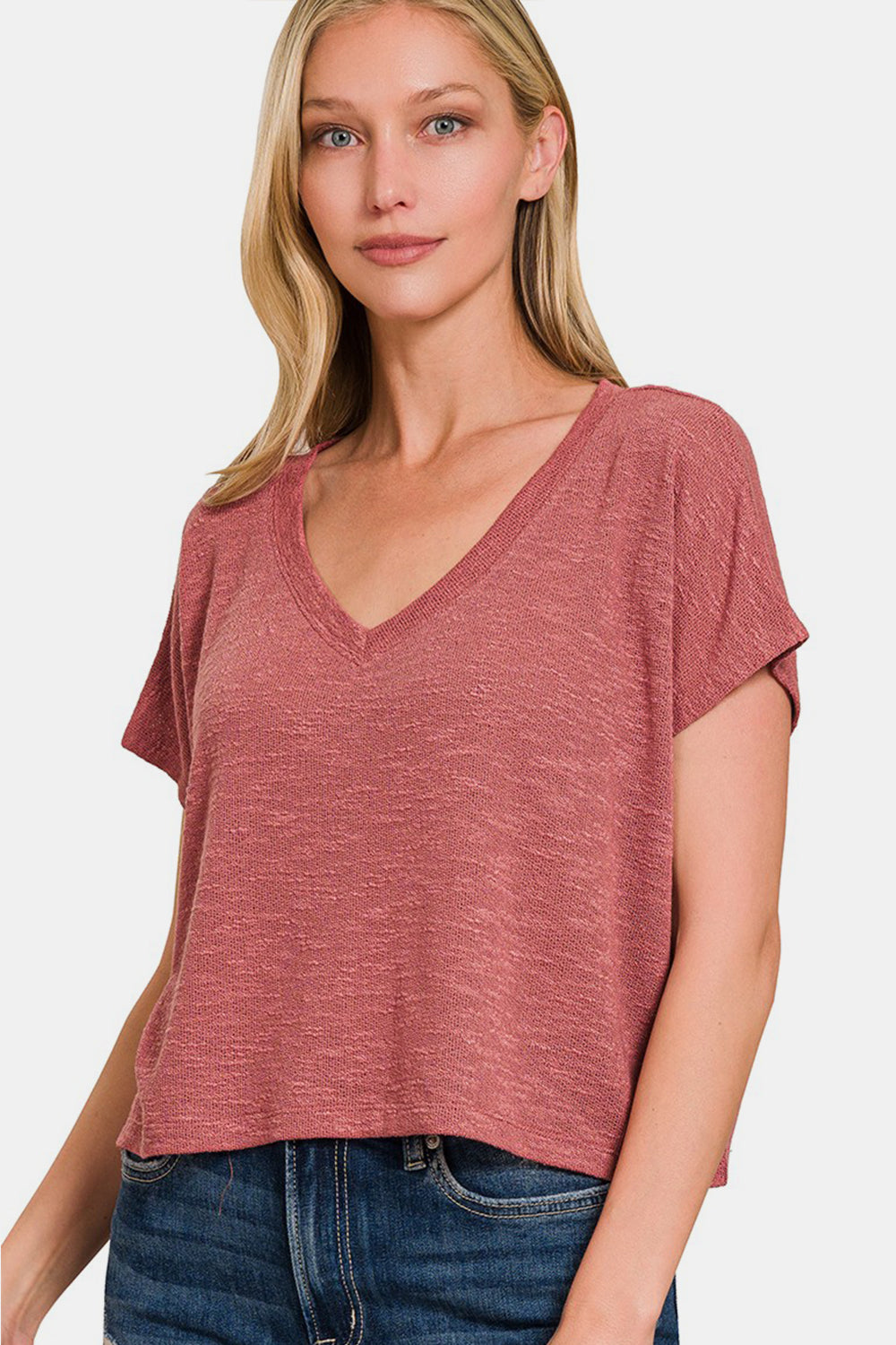 Zenana Winter Rose V-Neck Short Sleeve Crop T-Shirt Winter Rose Shirts & Tops