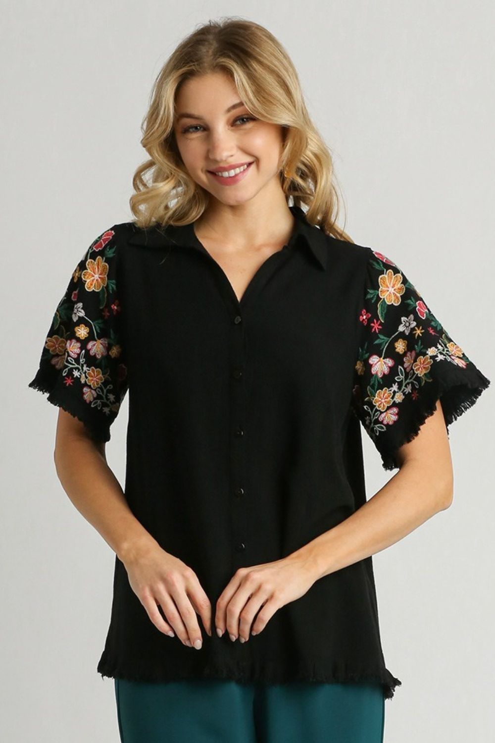 Umgee Black Linen Shirt with Embroidered Sleeves