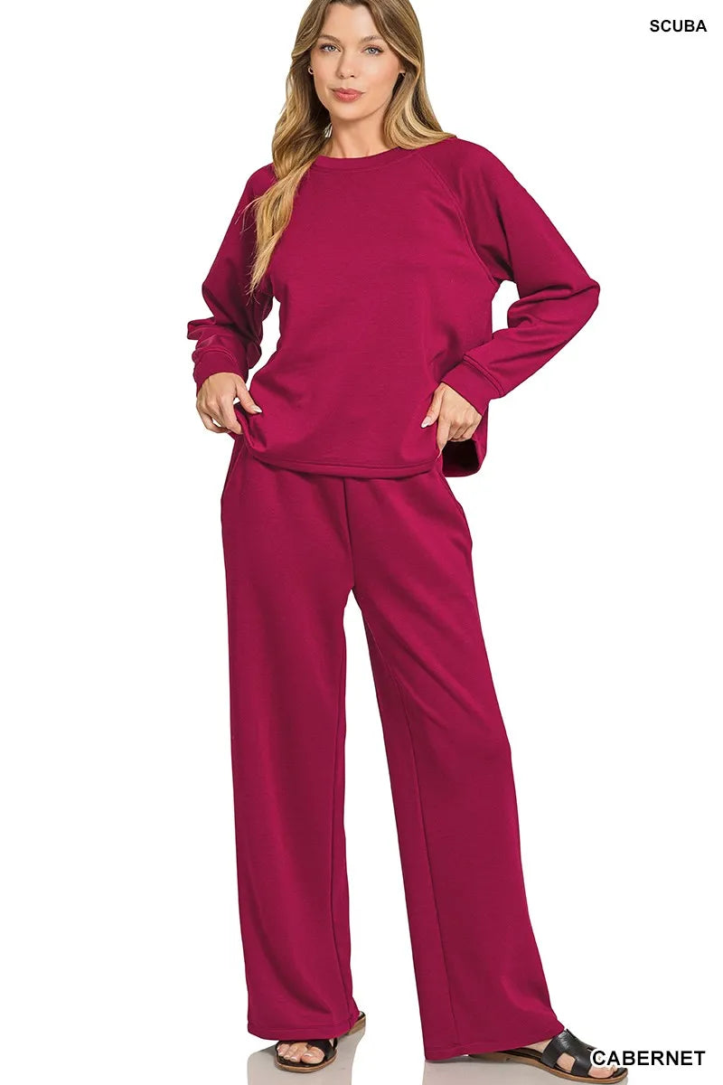 Zenana Cabernet Scuba Crewneck Long Sleeve Sweatshirt and Pants Set