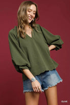 Umgee Olive Textured Notched Scallop Hem Balloon Sleeve Blouse Olive