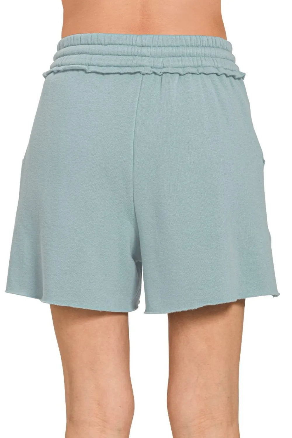 Zenana Blue Gray Fleece Raw Hem Shorts With Draw String