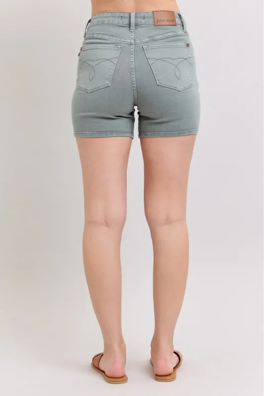 Judy Blue Stone Blue Hw Garment Dyed & Back Pkt Embroidery Shorts Plus Size