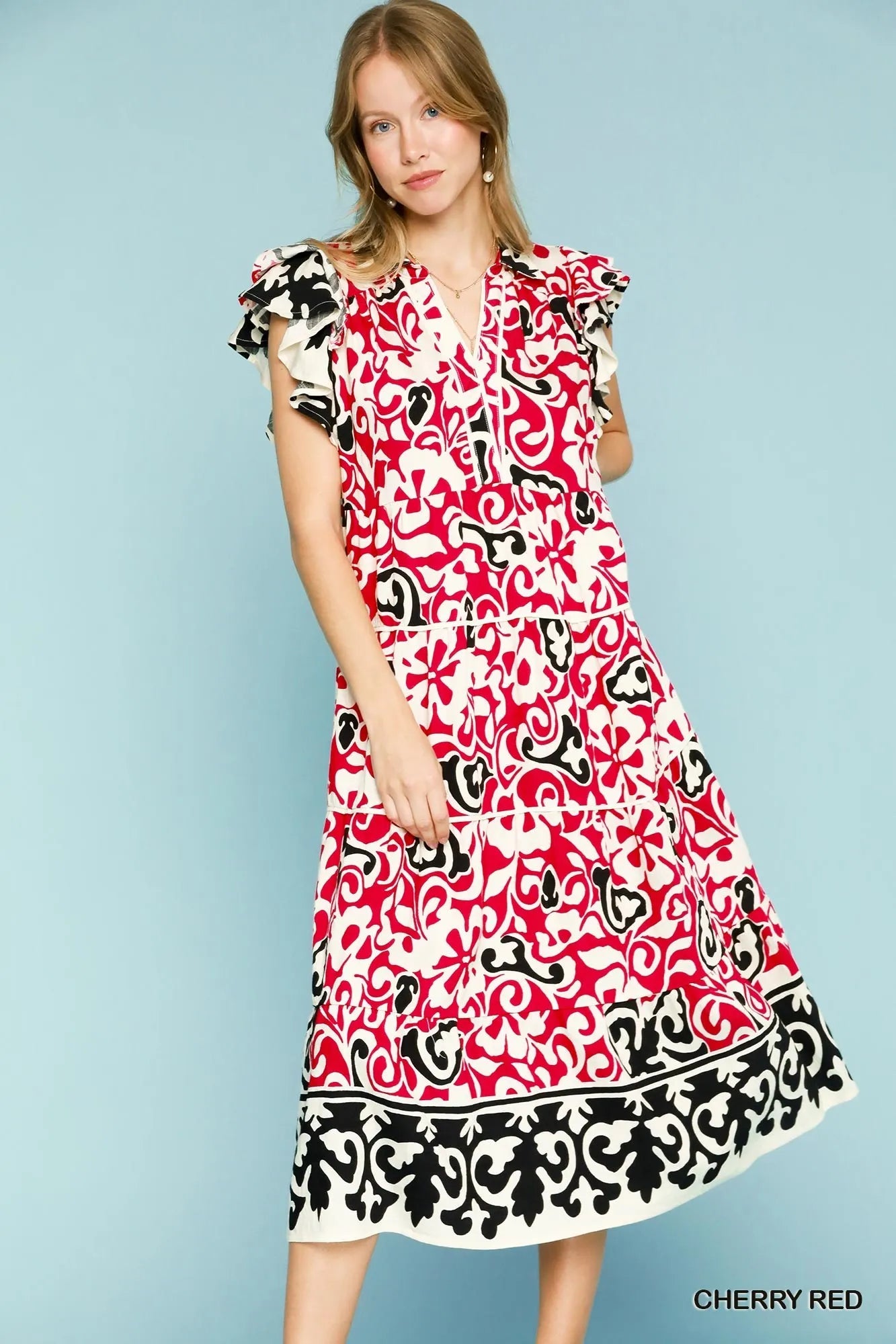 Umgee Cherry Red Printed Ruffled Cap Sleeve Midi Dress