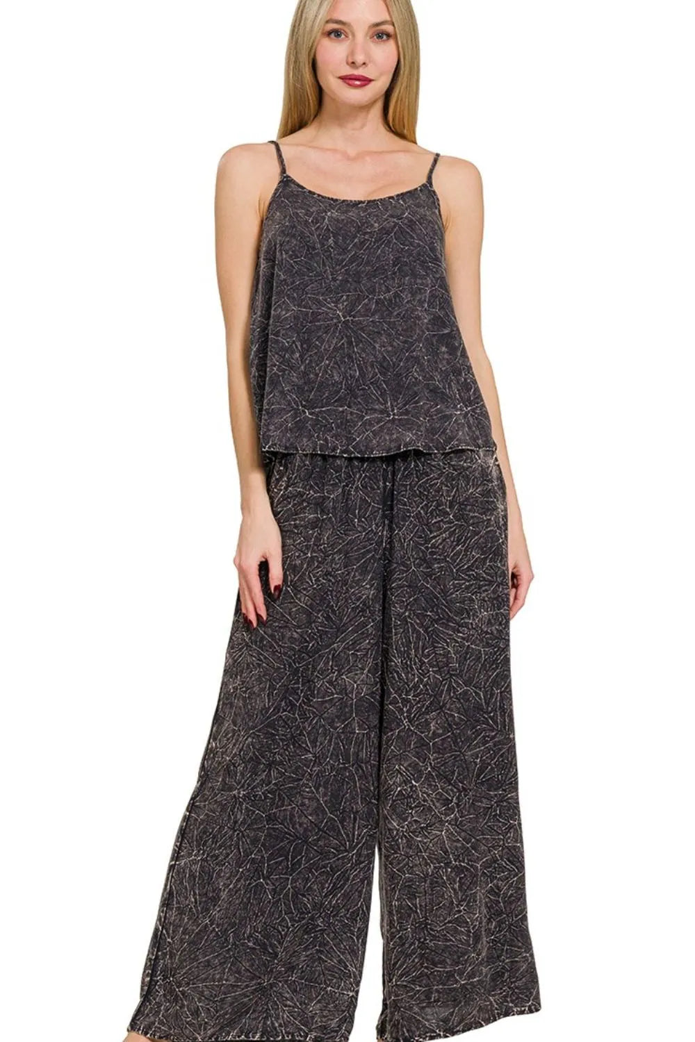 Zenana Ash Black Woven Acid Crinkle Washed Cami & Pants 2 Piece Set ASH BLACK