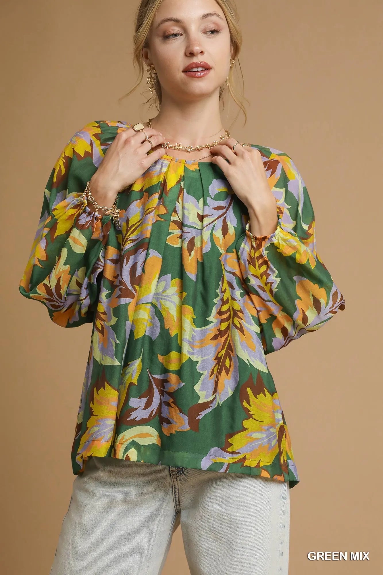 Umgee Green Mix Abstract Print Balloon Sleeve Blouse GREEN MIX