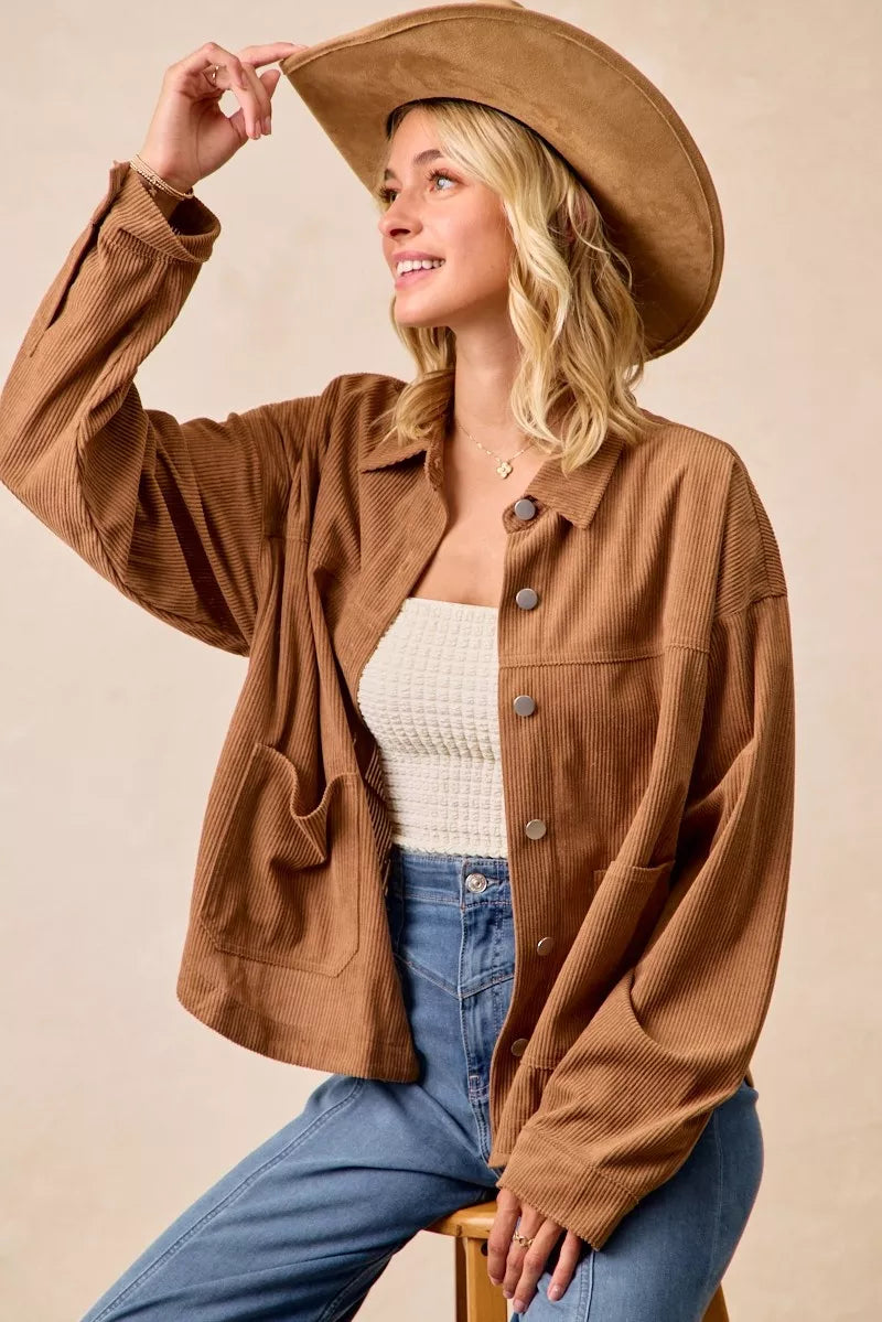 BiBi Camel Corduroy Relaxed Fit Shacket with Back Pleat