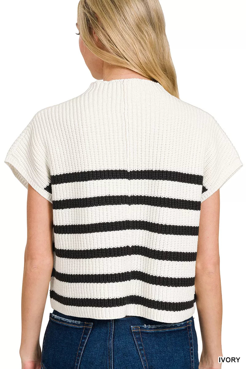 Zenana Ivory & Black Short Sleeve Stripe Sweater