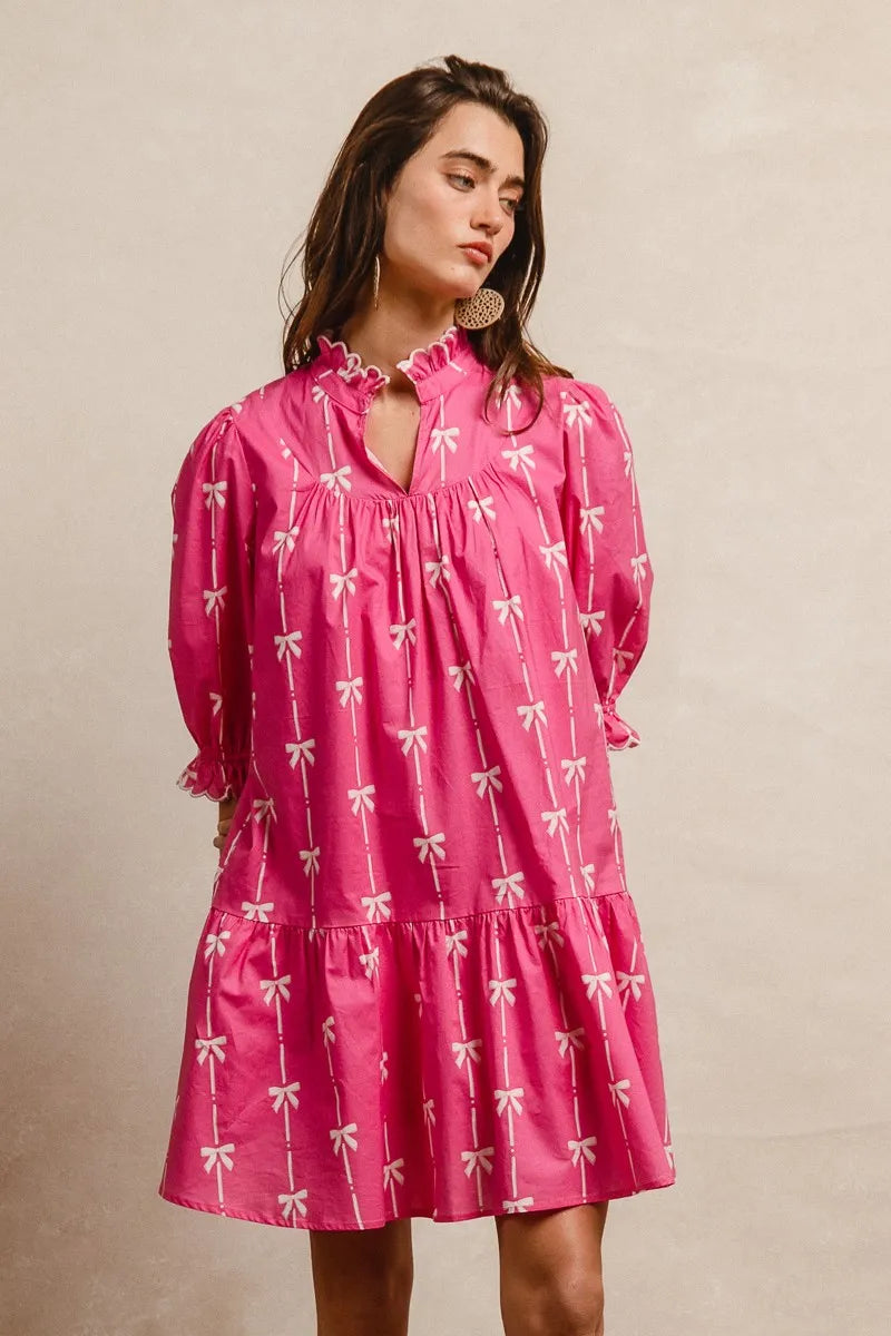 BiBi Fuchsia Ribbon Pattern With Scallops Edge Details Dress