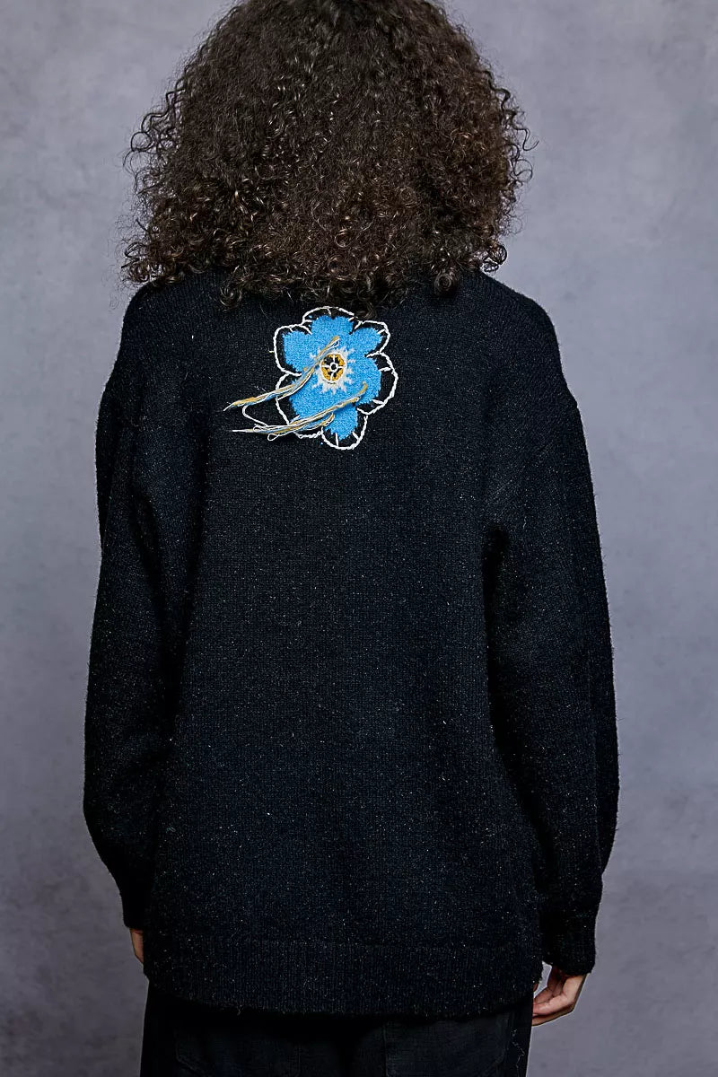 POL Floral Pattern Round Neck Sweater with Exposed Stitching