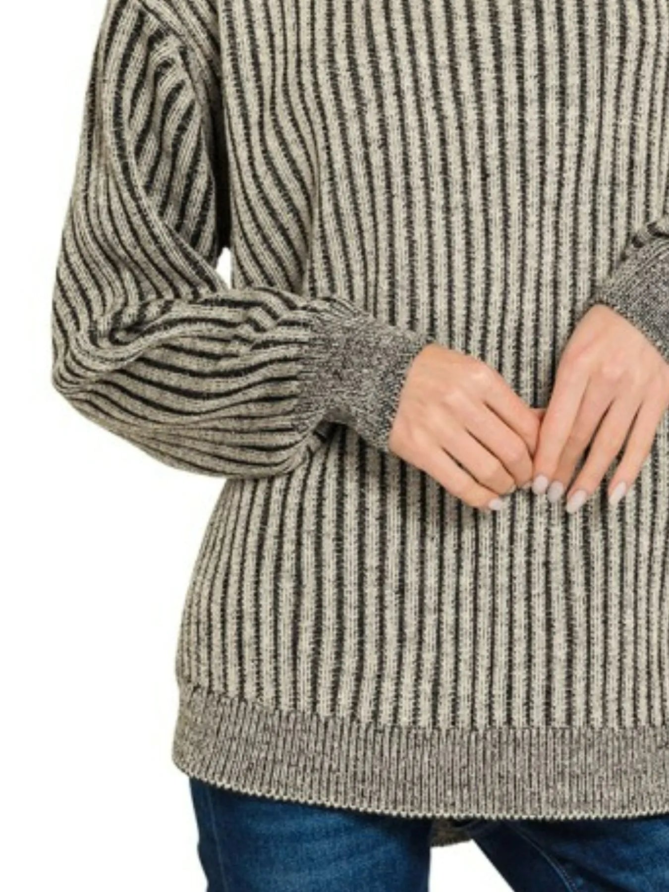 Zenana Black Curved Hem Two-Tone Ribbed Sweater