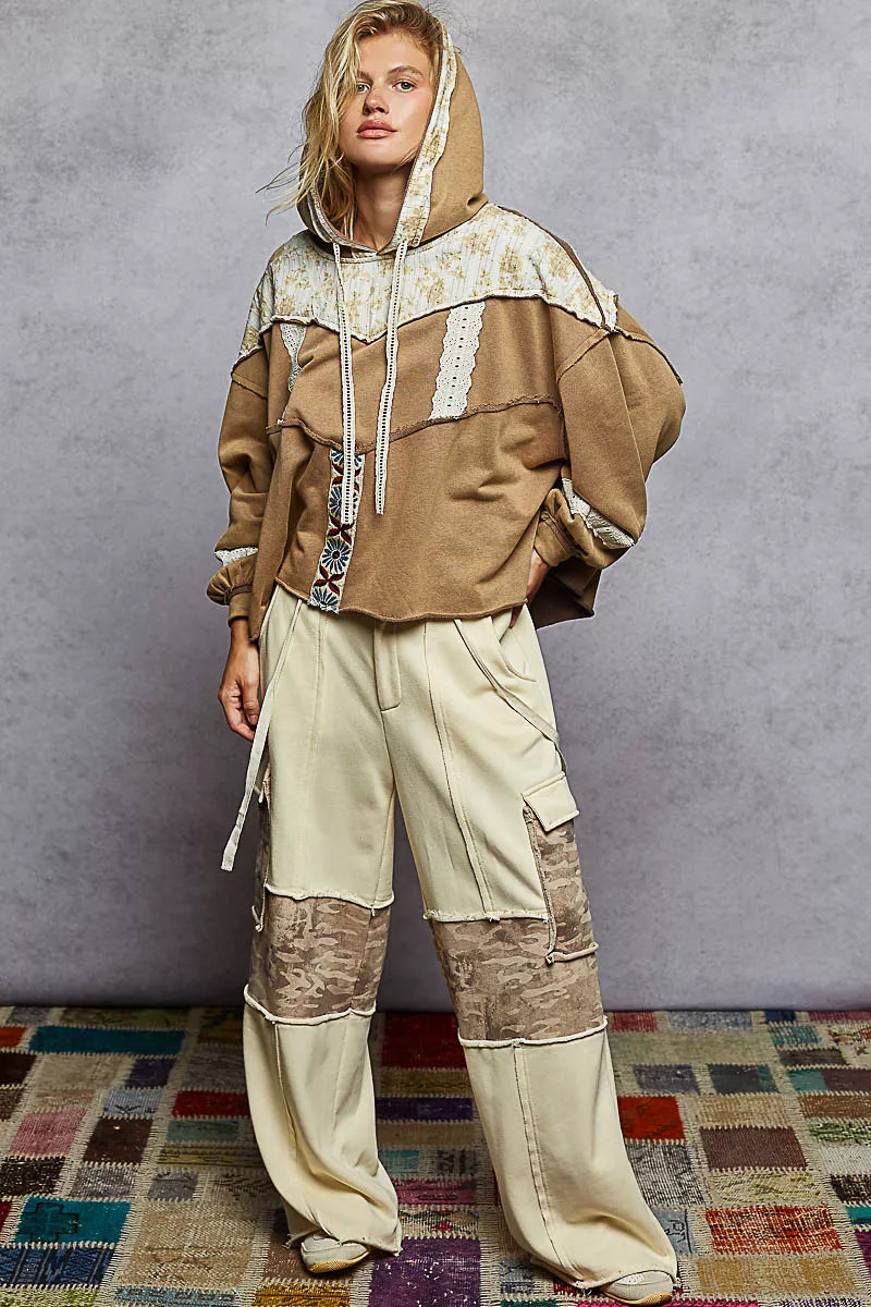 POL Cocoa Drawstring French Terry Hoodie with Gauze Print Patch