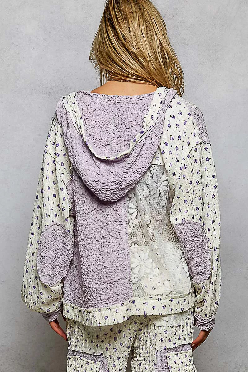 POL Lavender Floral Balloon Sleeve Hooded Lace Jacket with Stitch Detail