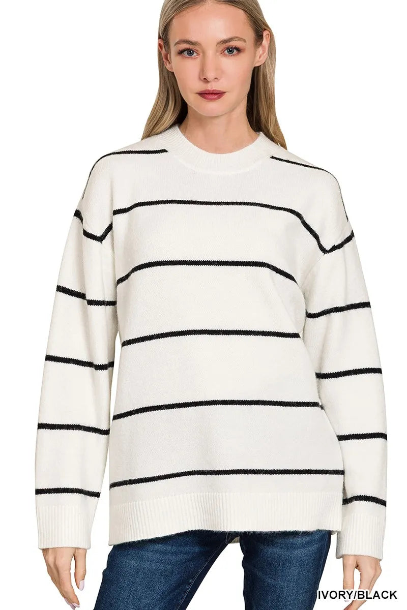 Zenana Ivory & Black Round Neck Stripe Sweater IVORY BLACK