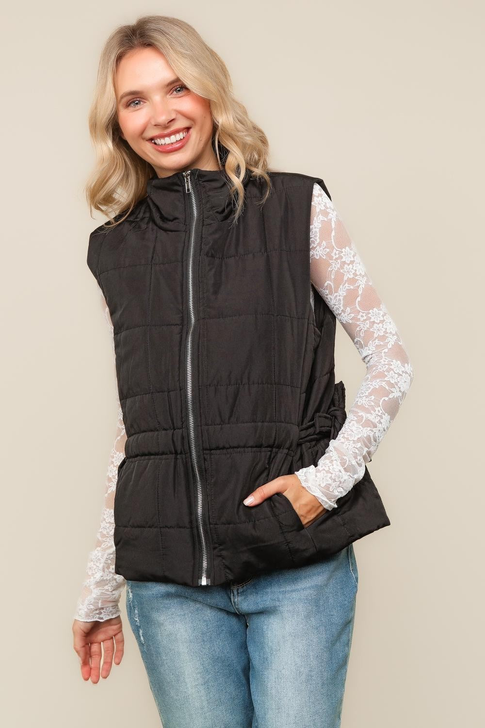 Haptics High Nevk Quilted Zip Up Black Puffer Vest