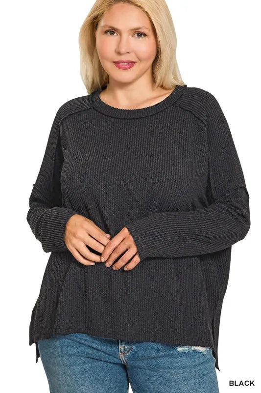 Zenana Black Exposed Seam Long Sleeve Corded Rib Knit Top