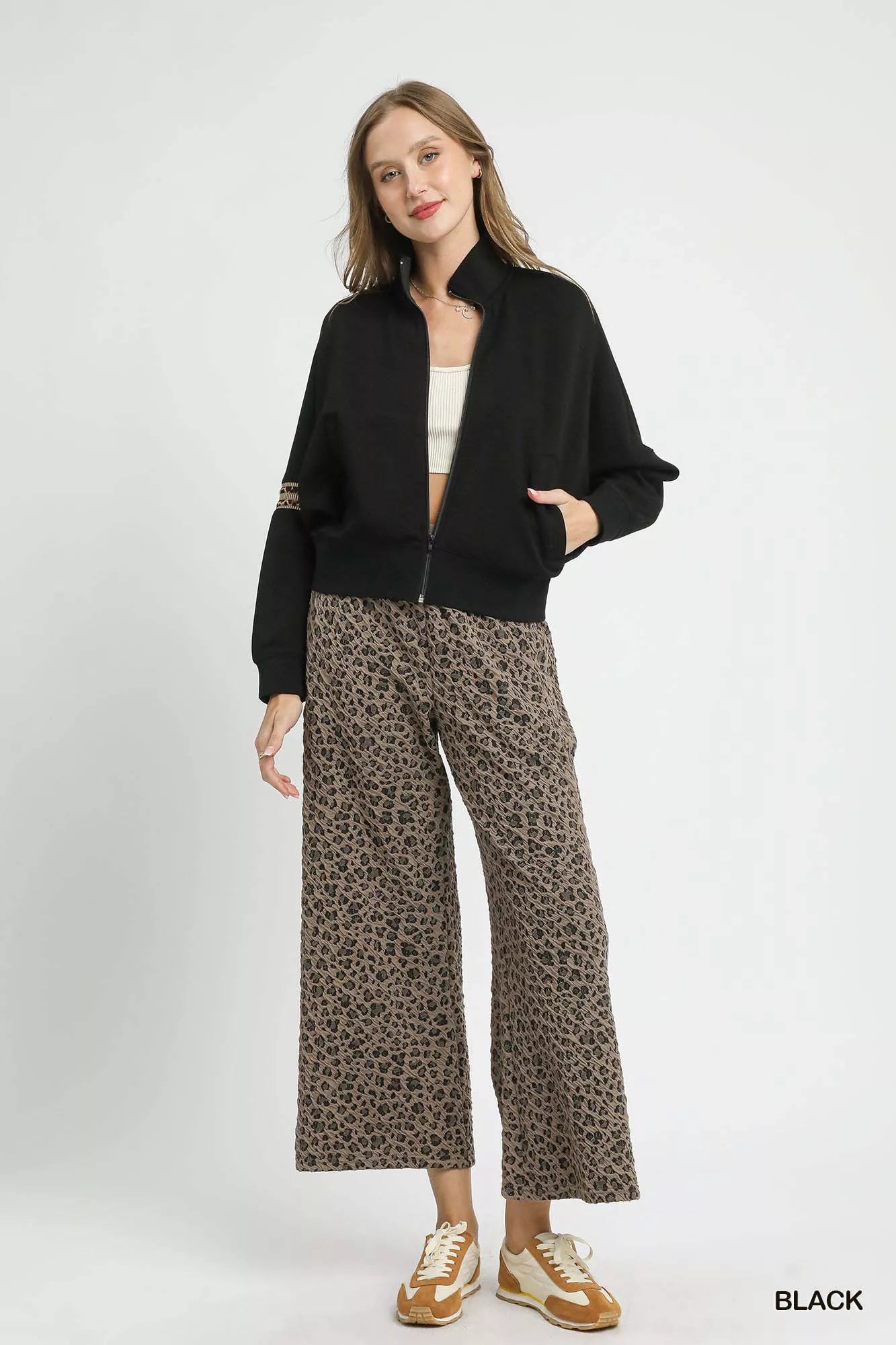 Umgee Black Zipper Up Cropped Jacket with Leopard Trim