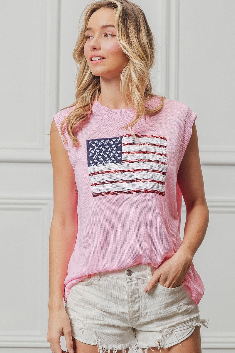 BiBi Pink American Flag Sequins Patch Knit Top PINK