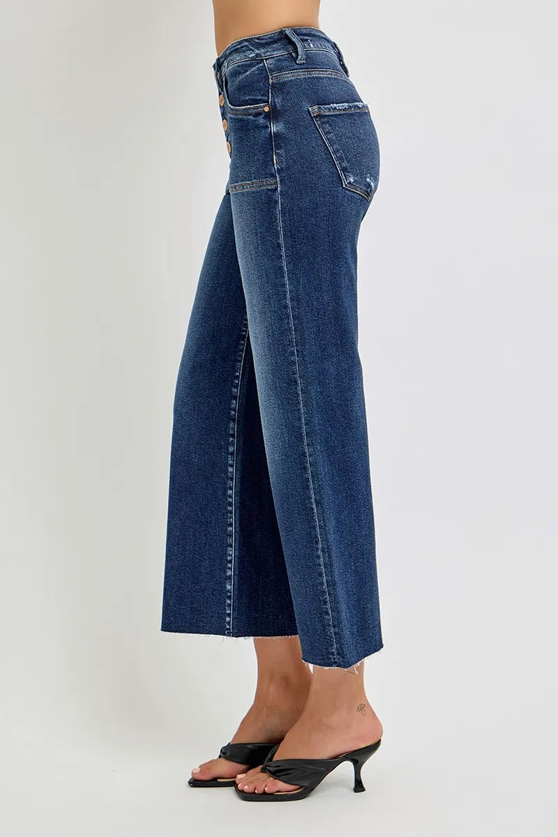 RISEN Dark Washed High Rise Crop Wide Button Down Jeans