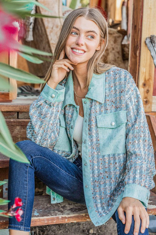 And The Why Put Together Turquoise Twill Banded Snap Button Jacket