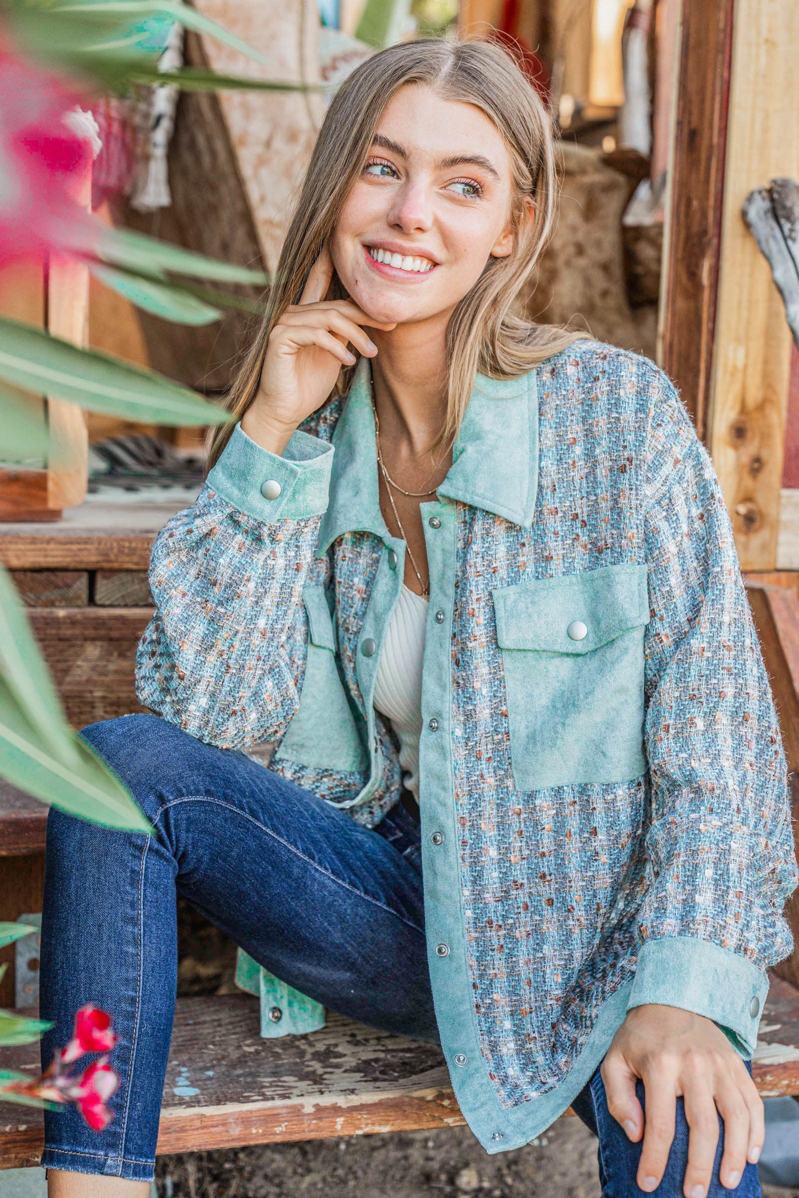 And The Why Put Together Turquoise Twill Banded Snap Button Jacket