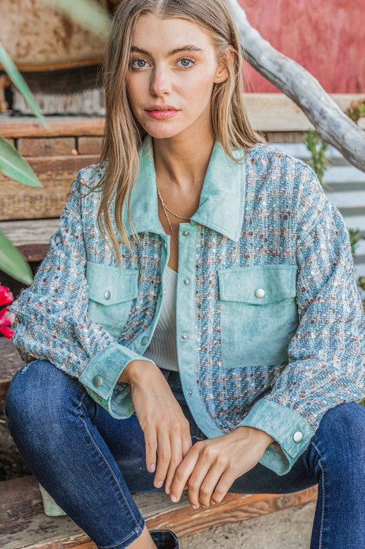And The Why Put Together Turquoise Twill Banded Snap Button Jacket