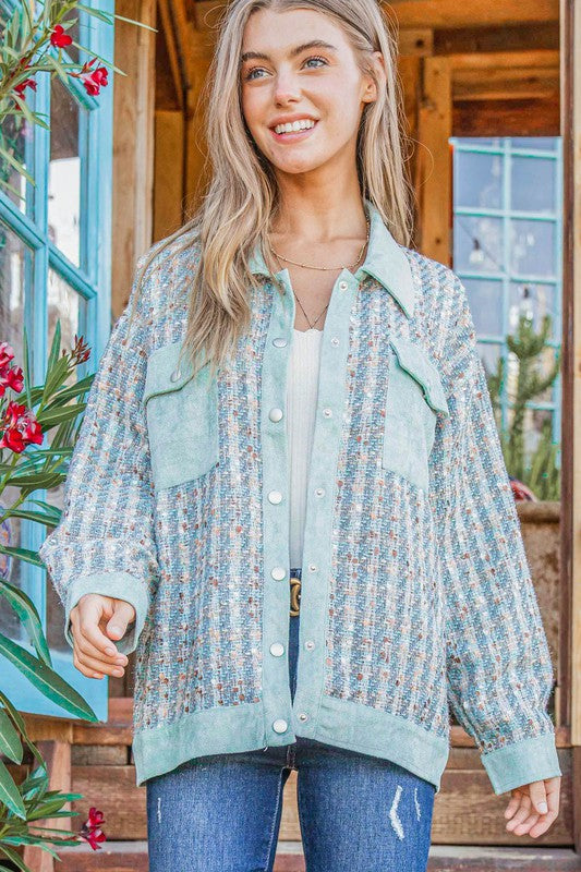 And The Why Put Together Turquoise Twill Banded Snap Button Jacket Large