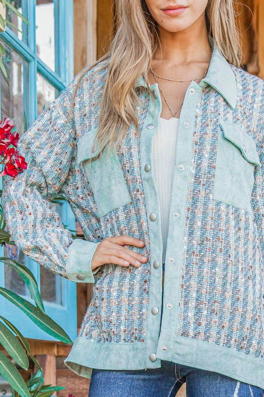 And The Why Put Together Turquoise Twill Banded Snap Button Jacket