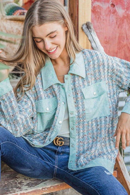 And The Why Put Together Turquoise Twill Banded Snap Button Jacket