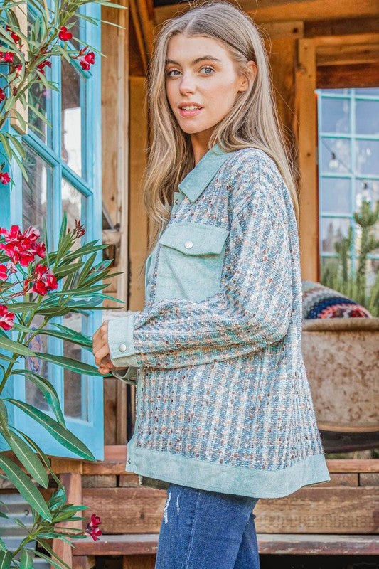 And The Why Put Together Turquoise Twill Banded Snap Button Jacket