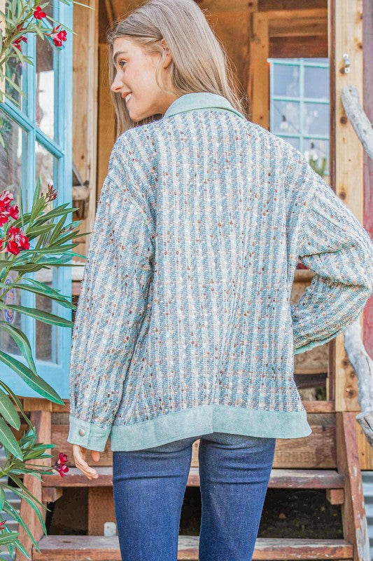 And The Why Put Together Turquoise Twill Banded Snap Button Jacket